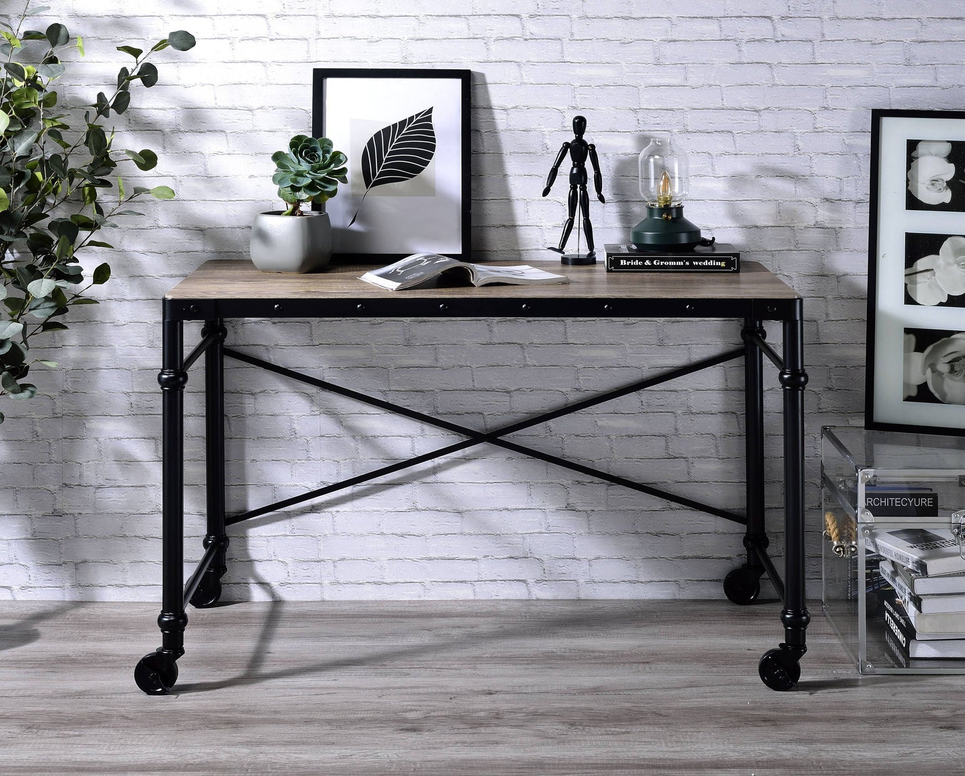 Oklarth Rustic Writing Desk black metal frame with oak top on Tampa Home & Garden Store