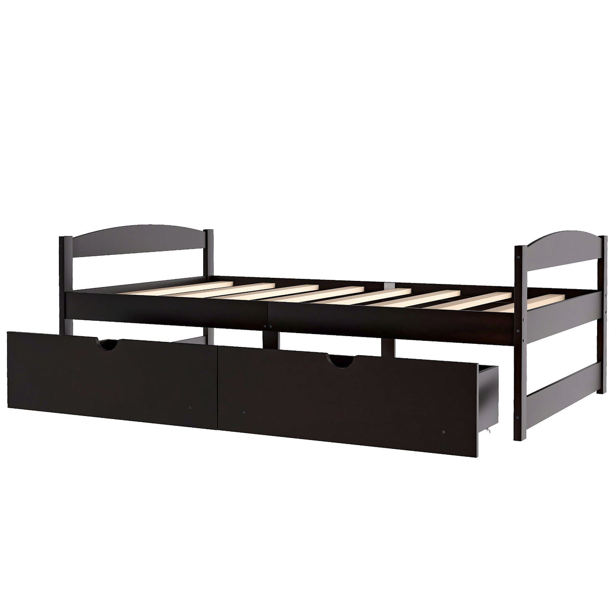 Platform bed with two large under-bed drawers in black finish and wooden slat base on Tampa Home & Garden Store
