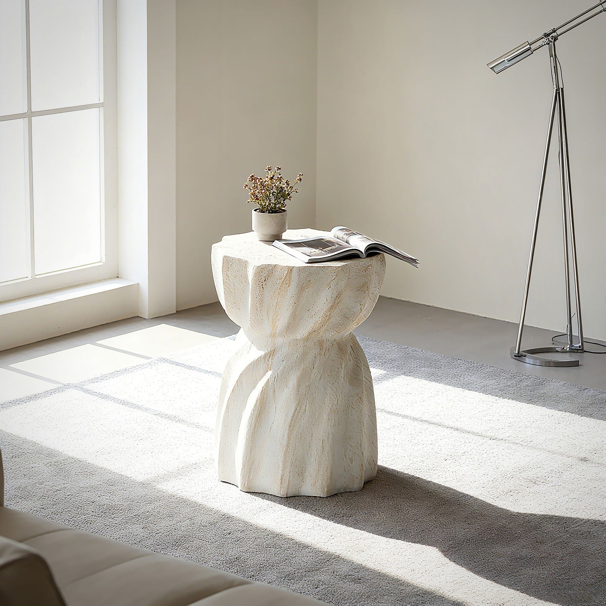 Outdoor End Table - Marble with sculpted cream pedestal base on Tampa Home & Garden Store