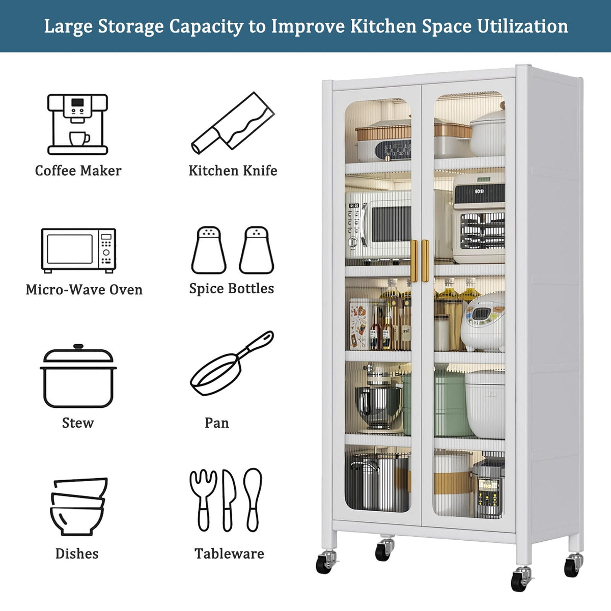 6-tier storage cabinet with transparent glass doors and adjustable shelves in white on Tampa Home & Garden Store