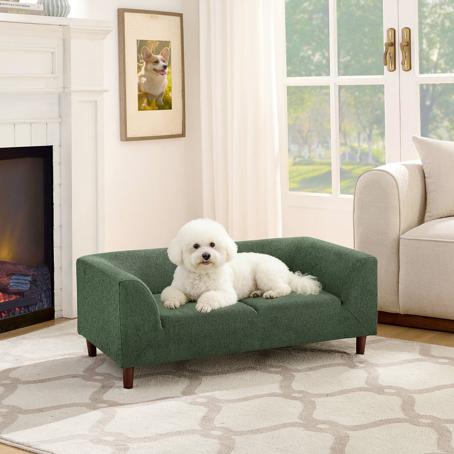 Pet sofa with backrest and armrests in olive green upholstery featuring a modern design on Tampa Home & Garden Store