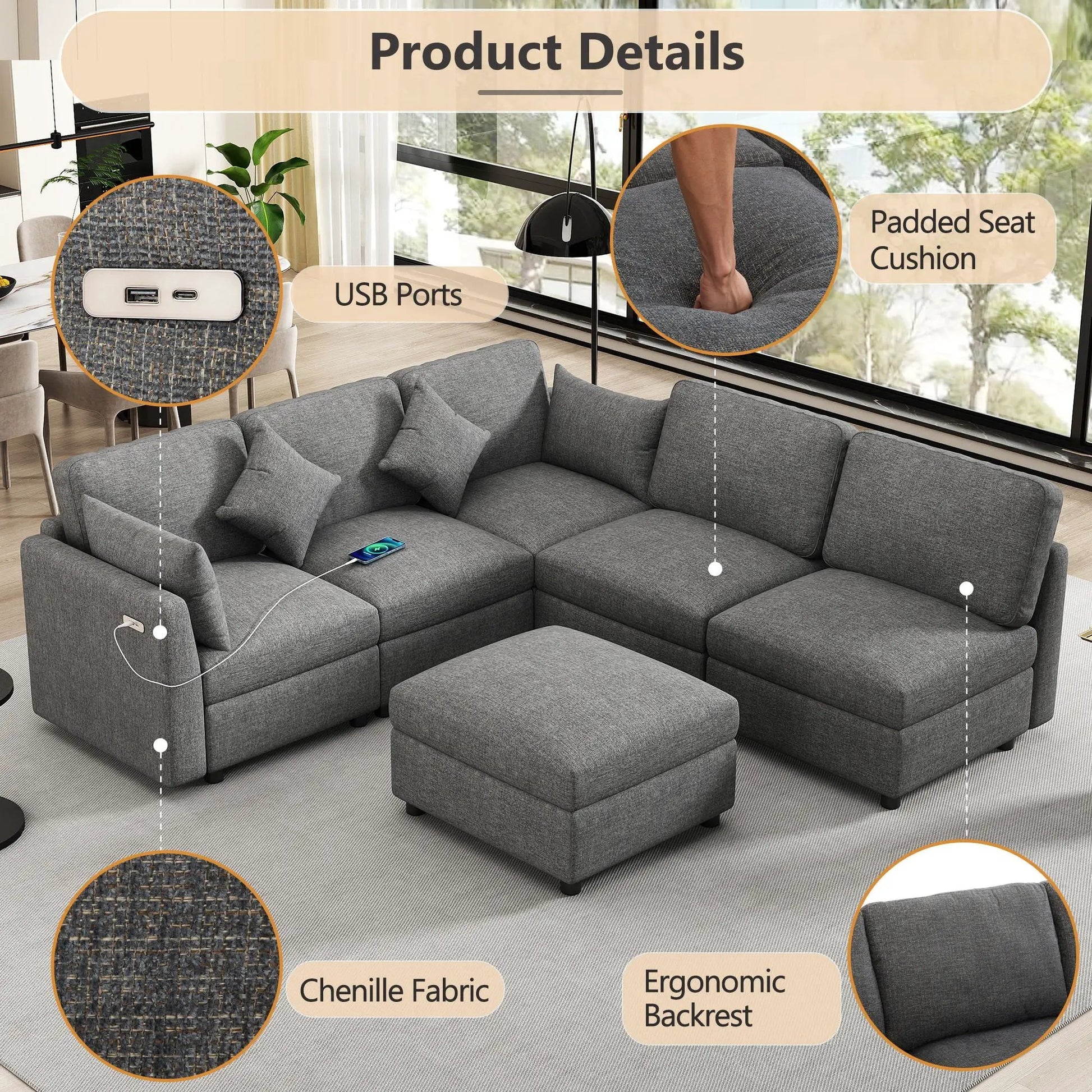 Sectional sofa modular U-shaped with ottoman in gray chenille; 2-piece set with USB ports on Tampa Home & Garden Store