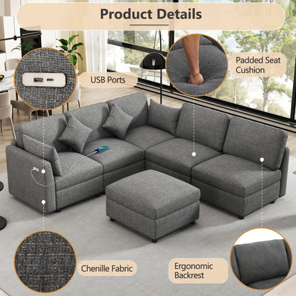 Sectional sofa modular U-shaped with ottoman in gray chenille; 2-piece set with USB ports on Tampa Home & Garden Store