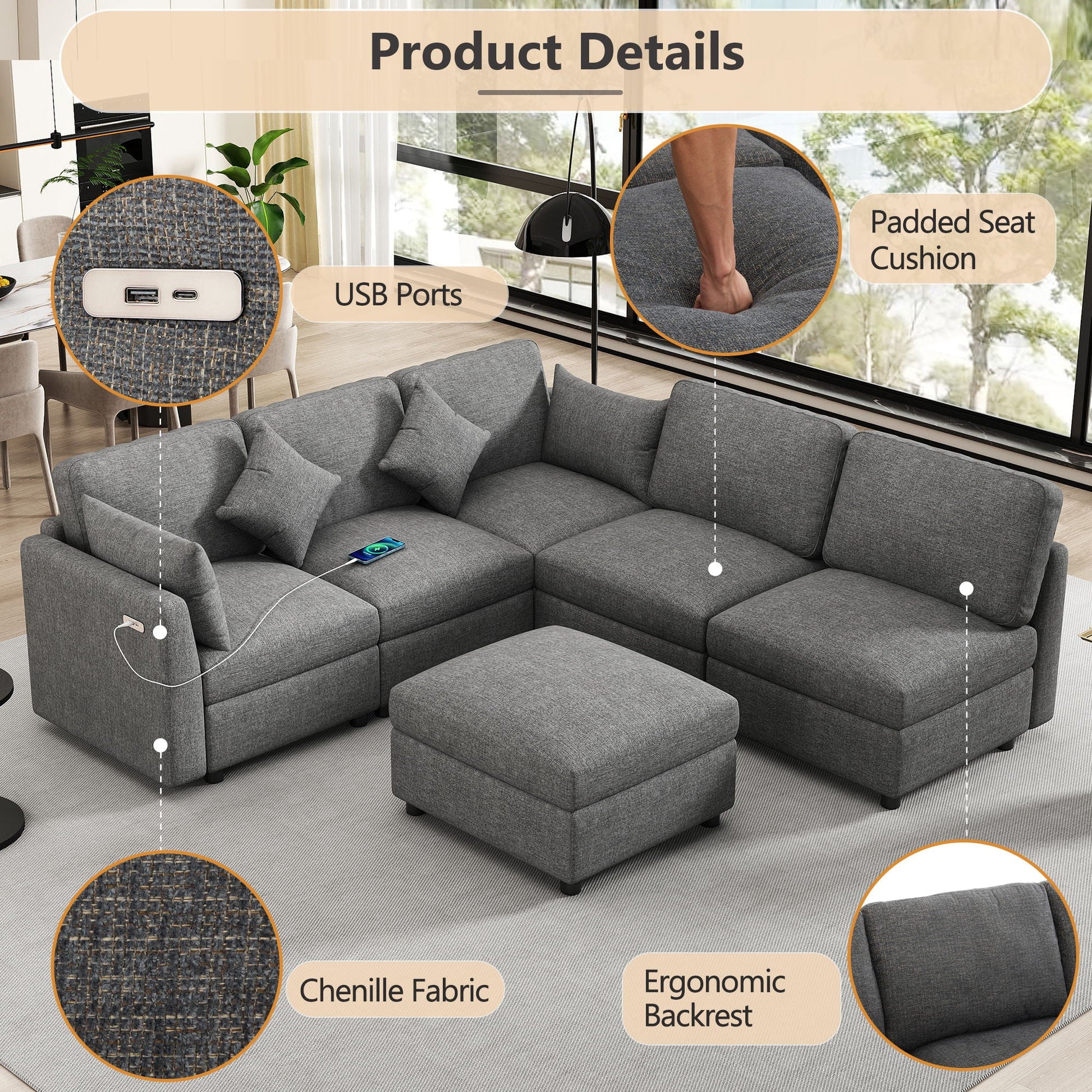 HouseOfZazla 2-piece U-shaped sectional sofa with ottoman in gray chenille fabric and USB ports on Tampa Home & Garden Store