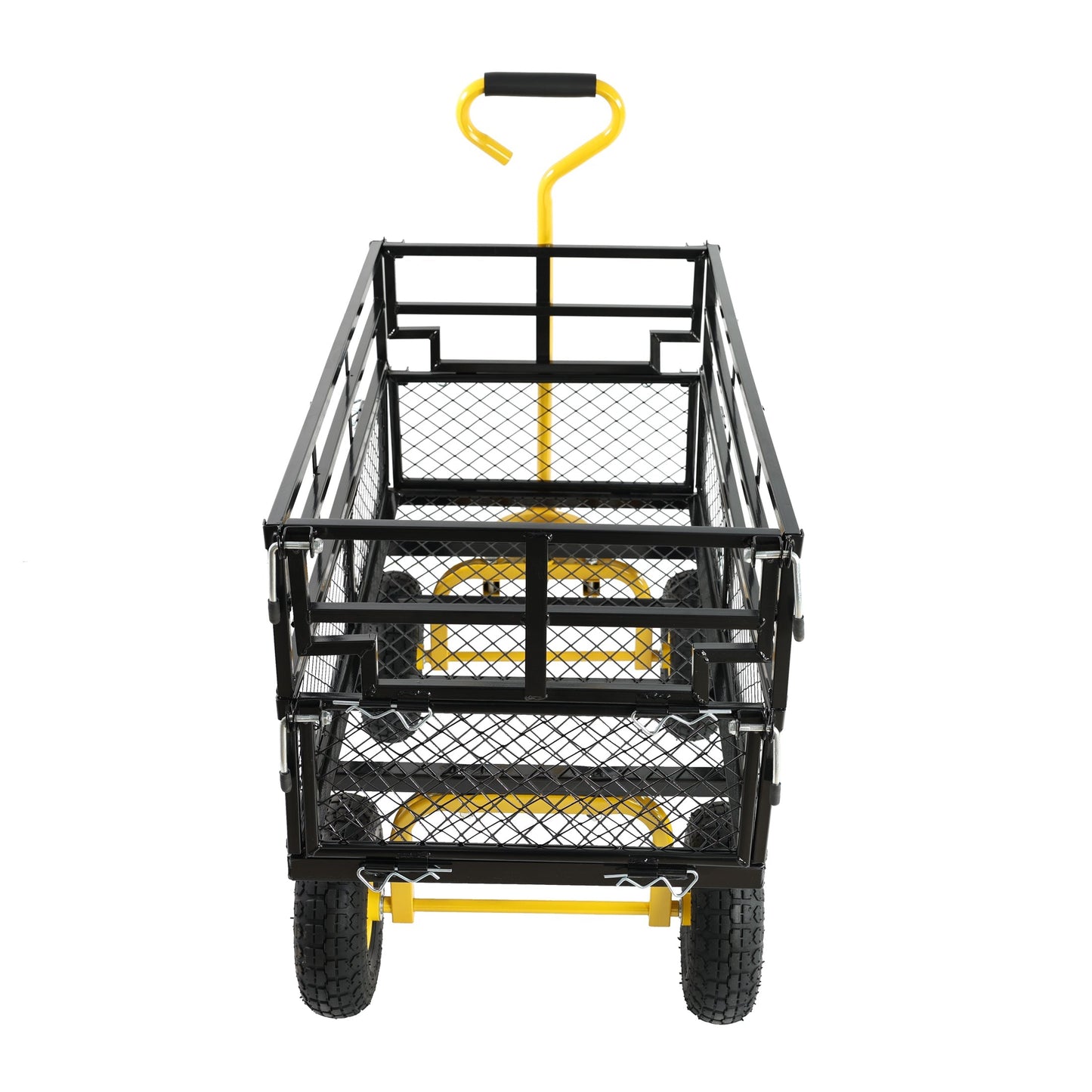 Outdoor wagon cart with yellow handle, black steel frame and mesh basket on Tampa Home & Garden Store