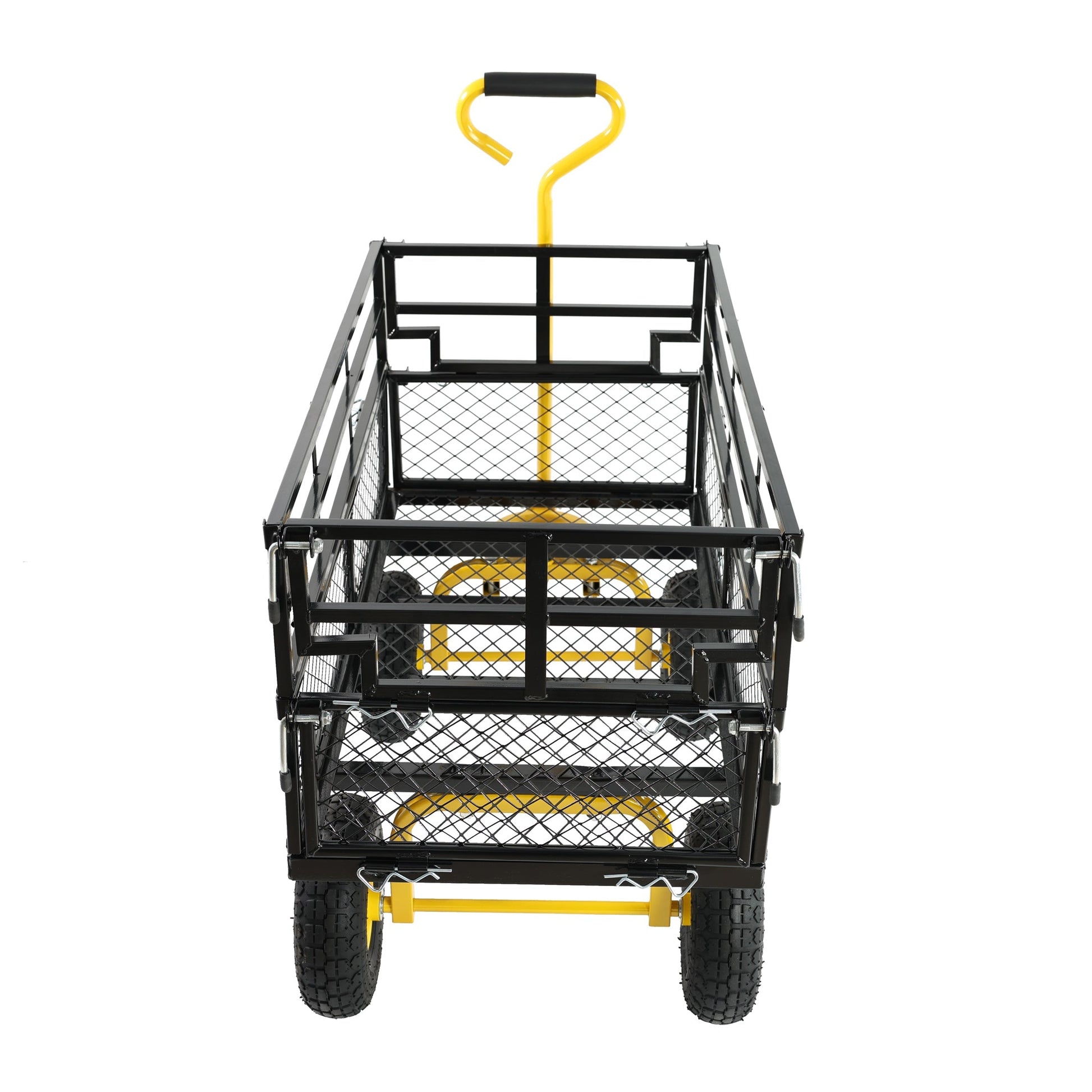 Outdoor wagon cart with yellow handle, black steel frame and mesh basket on Tampa Home & Garden Store