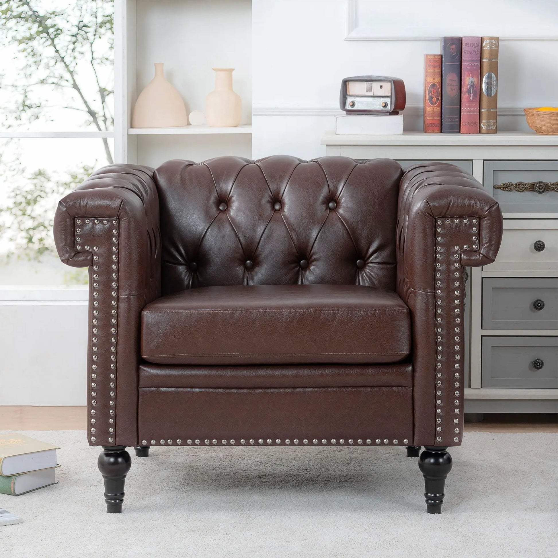 1 Seater brown leather tufted sofa with nailhead trim and rounded wood legs on Tampa Home & Garden Store