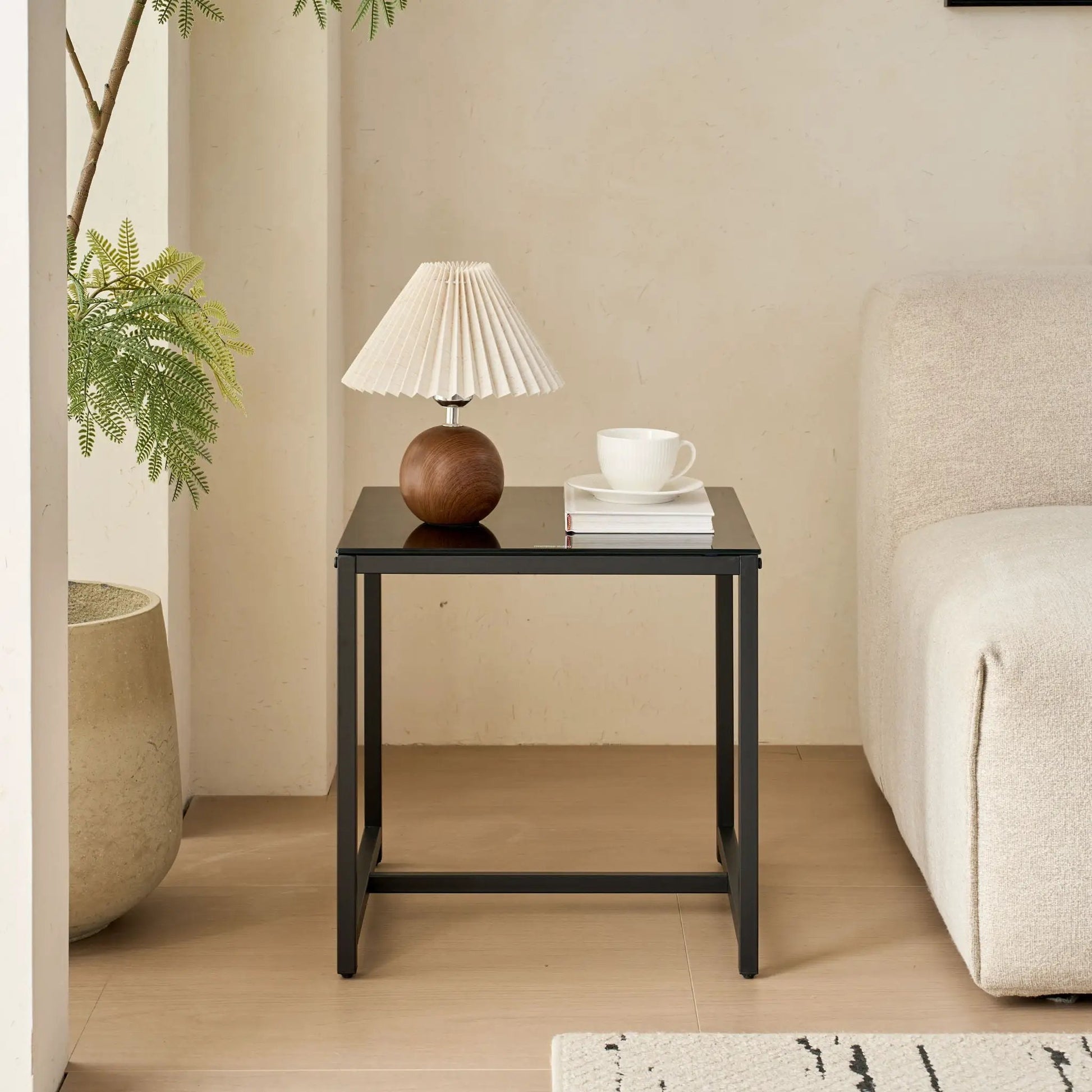 Table for Living Room coffee table with black metal frame and glass top on Tampa Home & Garden Store