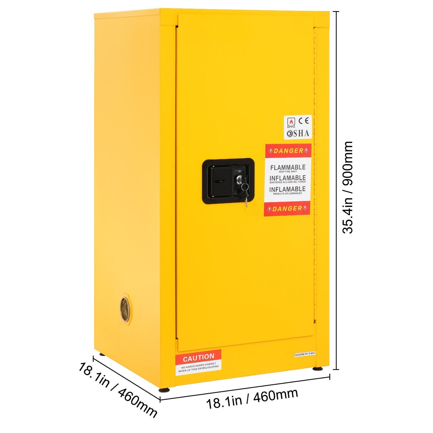 Galvanized steel flammable storage cabinet, yellow, tall tool cabinet with black lockable handle on Tampa Home & Garden Store