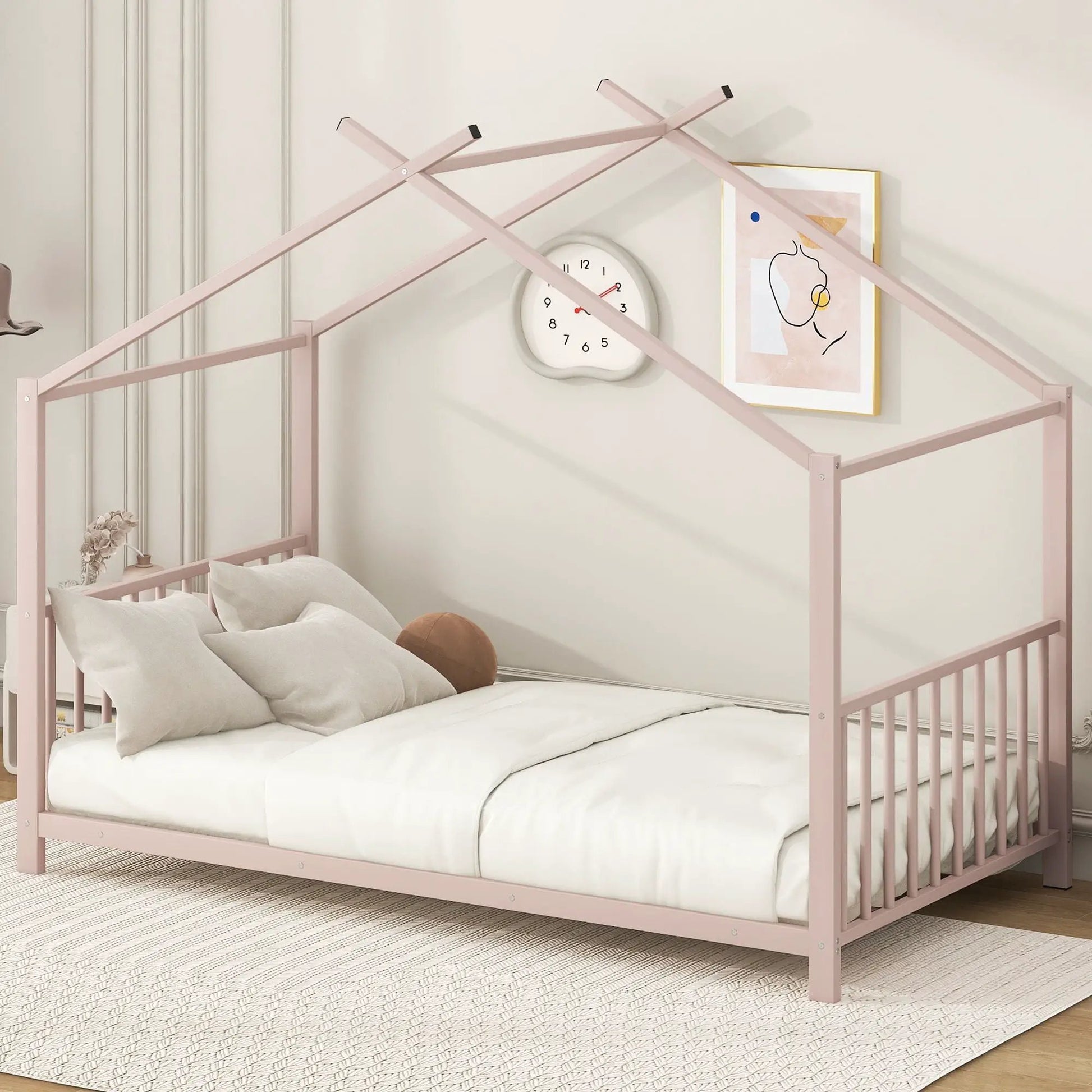 Metal house platform bed in pink with a modern canopy design and a durable frame on Tampa Home & Garden Store