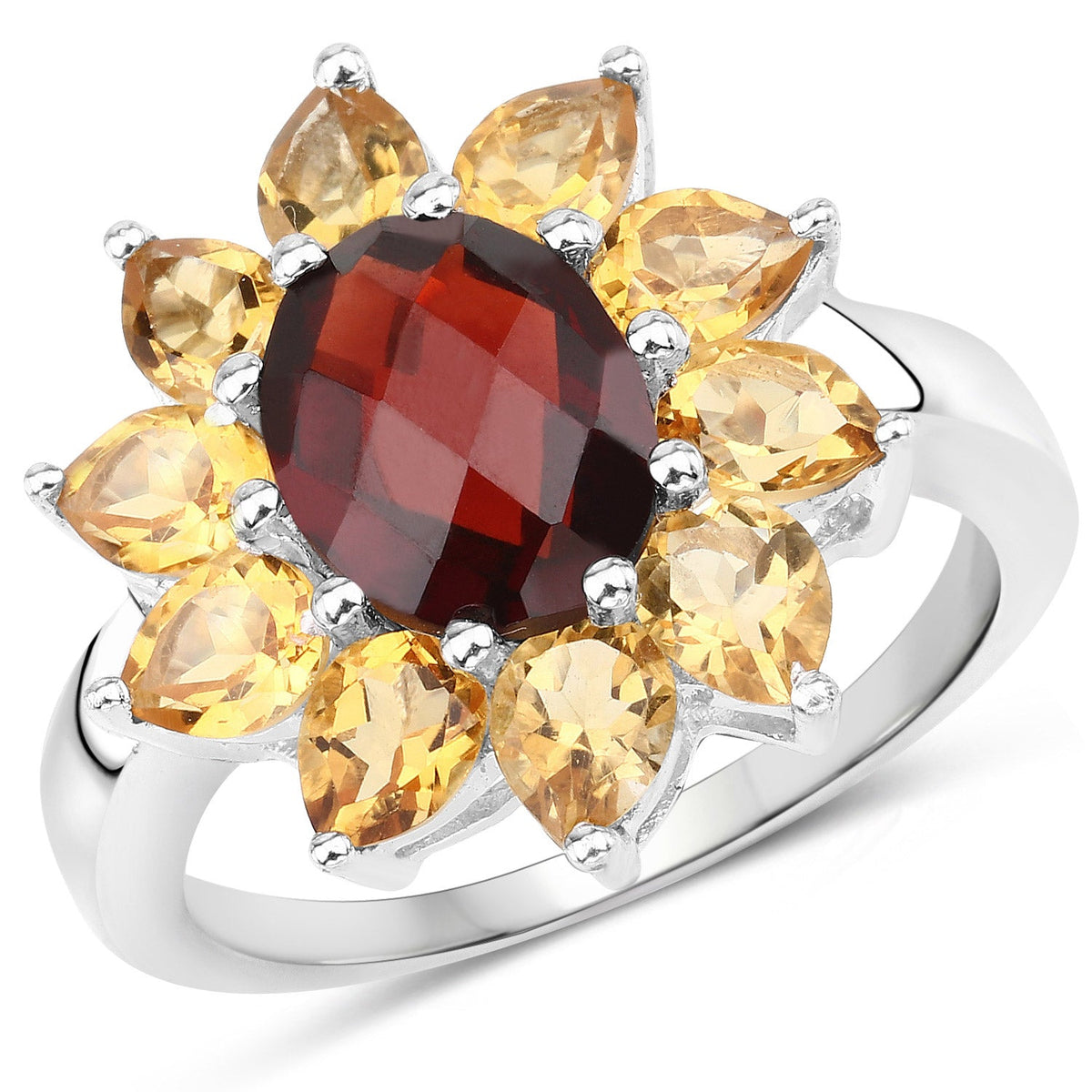 5.50ct garnet center oval flower ring with yellow citrine petals in .925 sterling silver setting on Tampa Home & Garden Store