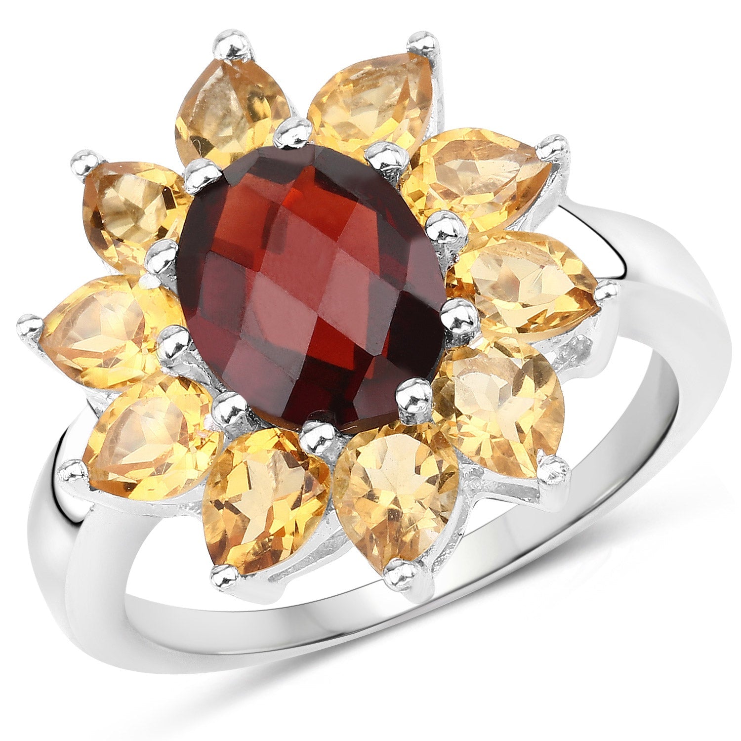 5.50ct garnet center oval flower ring with yellow citrine petals in .925 sterling silver setting on Tampa Home & Garden Store