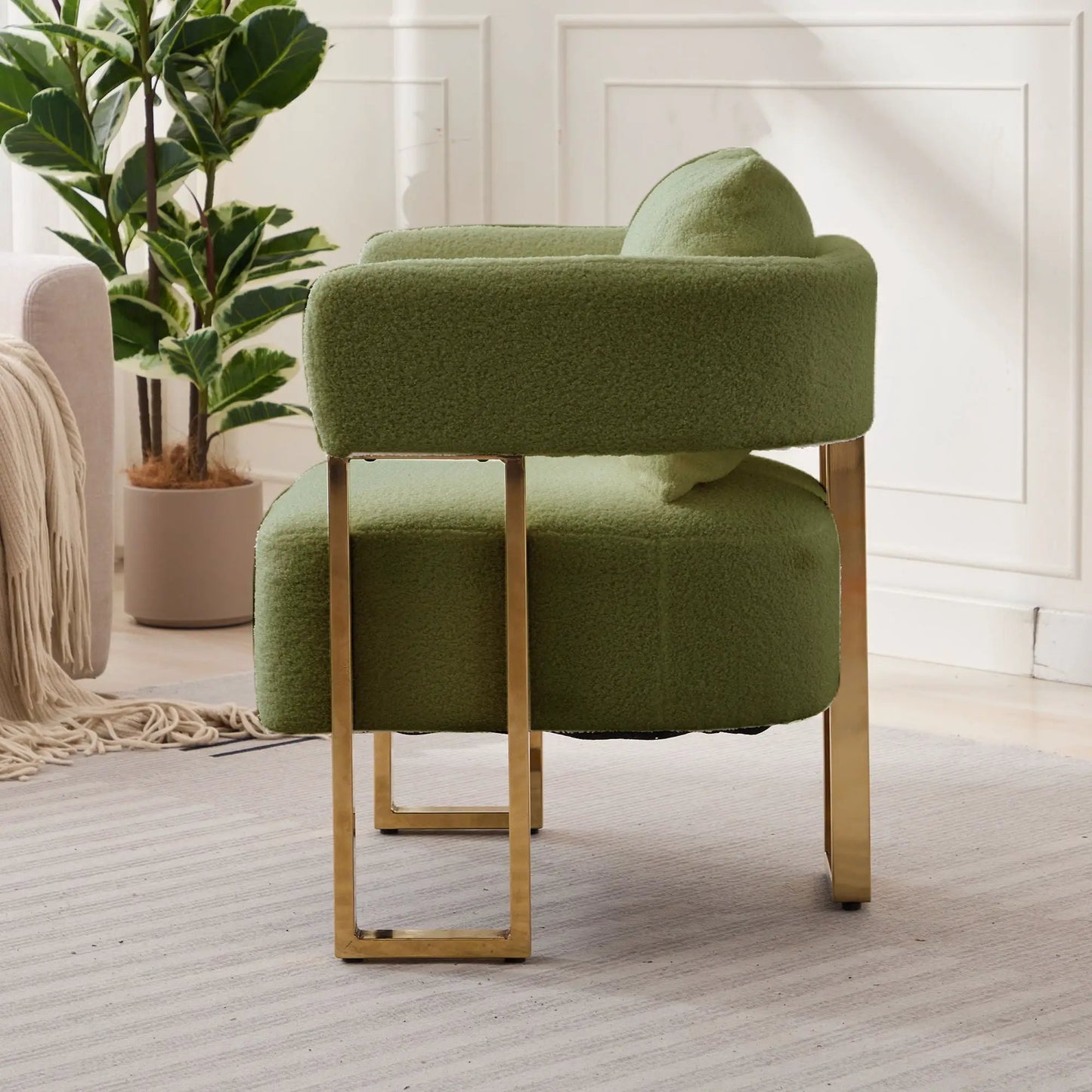 Modern decorative teddy fleece chairs set in olive green with gold metal legs, 2 chairs on Tampa Home & Garden Store