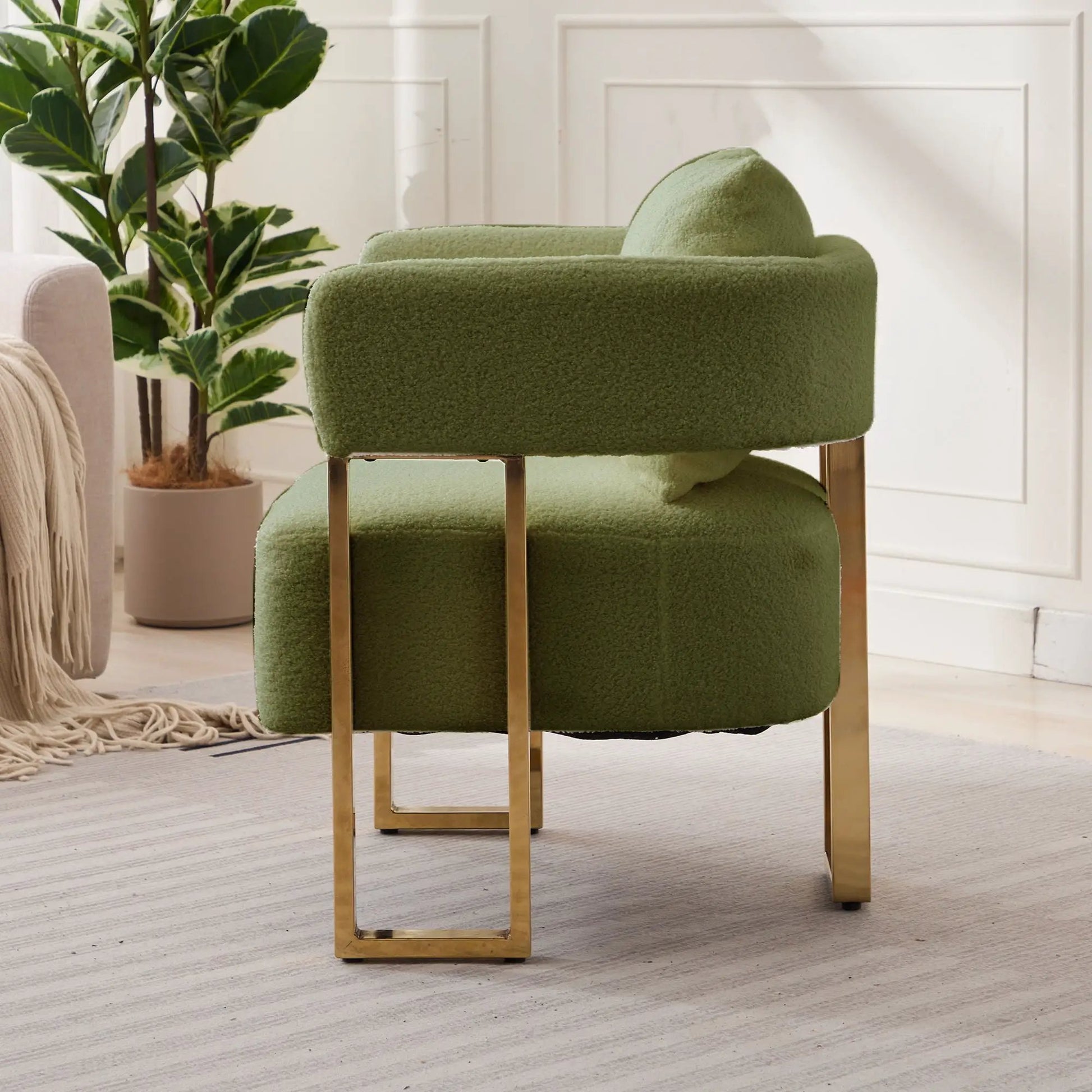 Modern decorative teddy fleece chairs set in olive green with gold metal legs, 2 chairs on Tampa Home & Garden Store