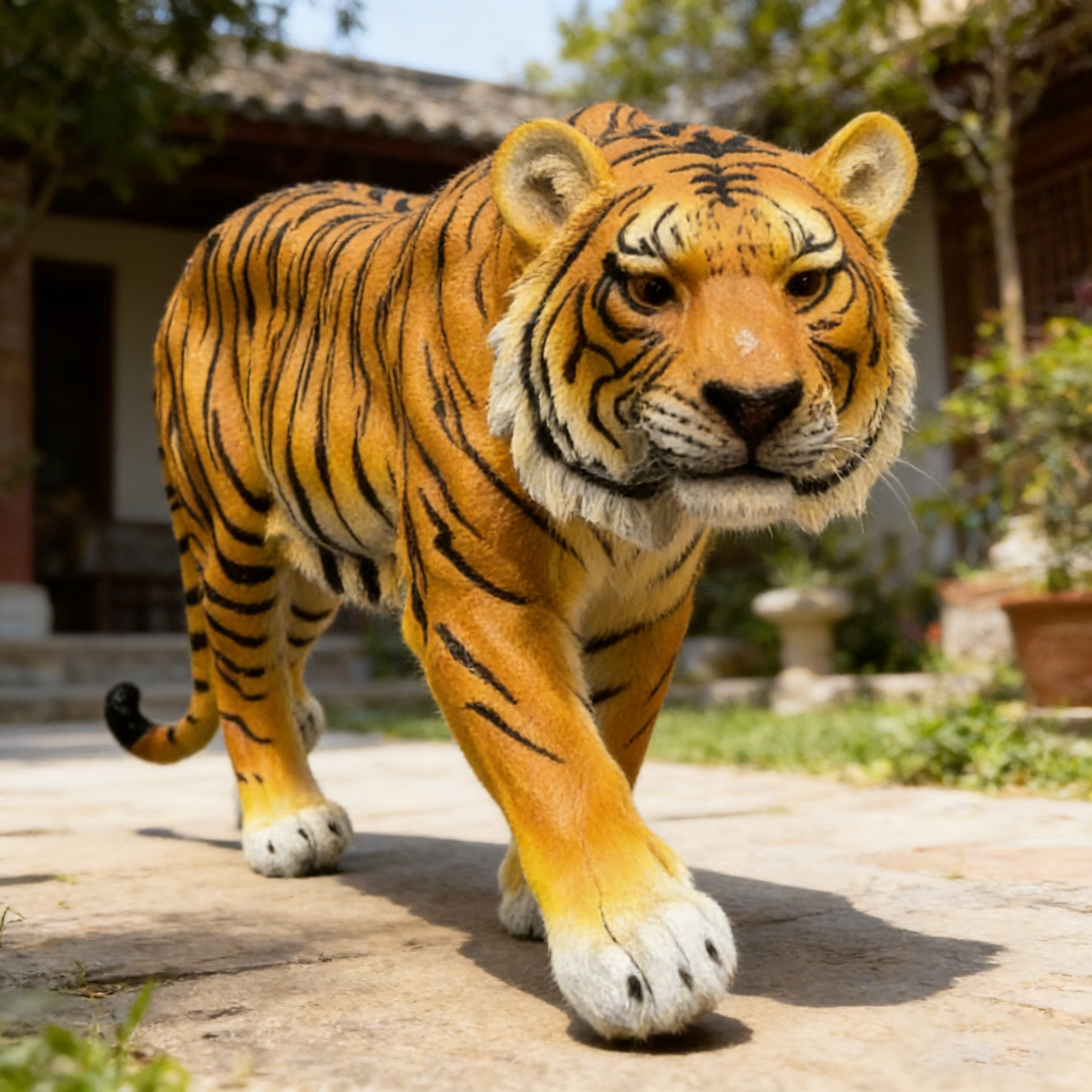 Simulated tiger resin statue by HouseOfZazla, orange with black stripes, outdoor statue on Tampa Home & Garden Store