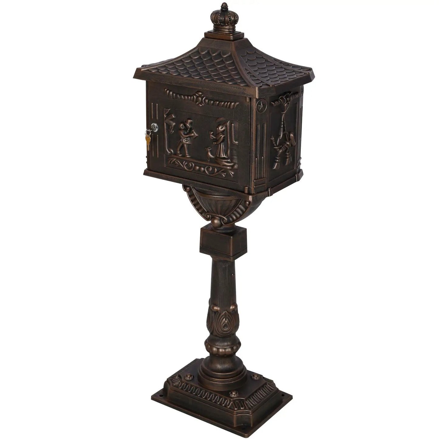 Cast aluminum mailbox on ornate bronze post with embossed panels Unique Piece Furniture on Tampa Home & Garden Store