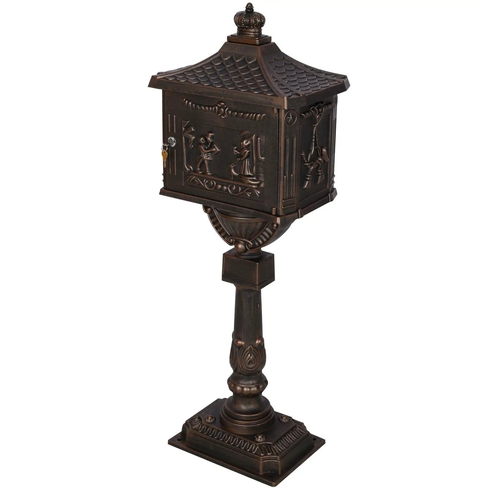 Cast aluminum mailbox on ornate bronze post with embossed panels Unique Piece Furniture on Tampa Home & Garden Store