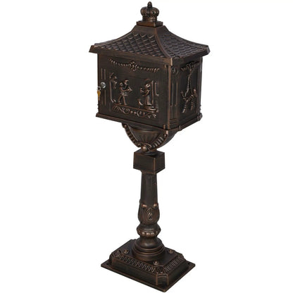 Cast aluminum mailbox on ornate bronze post with embossed panels Unique Piece Furniture on Tampa Home & Garden Store