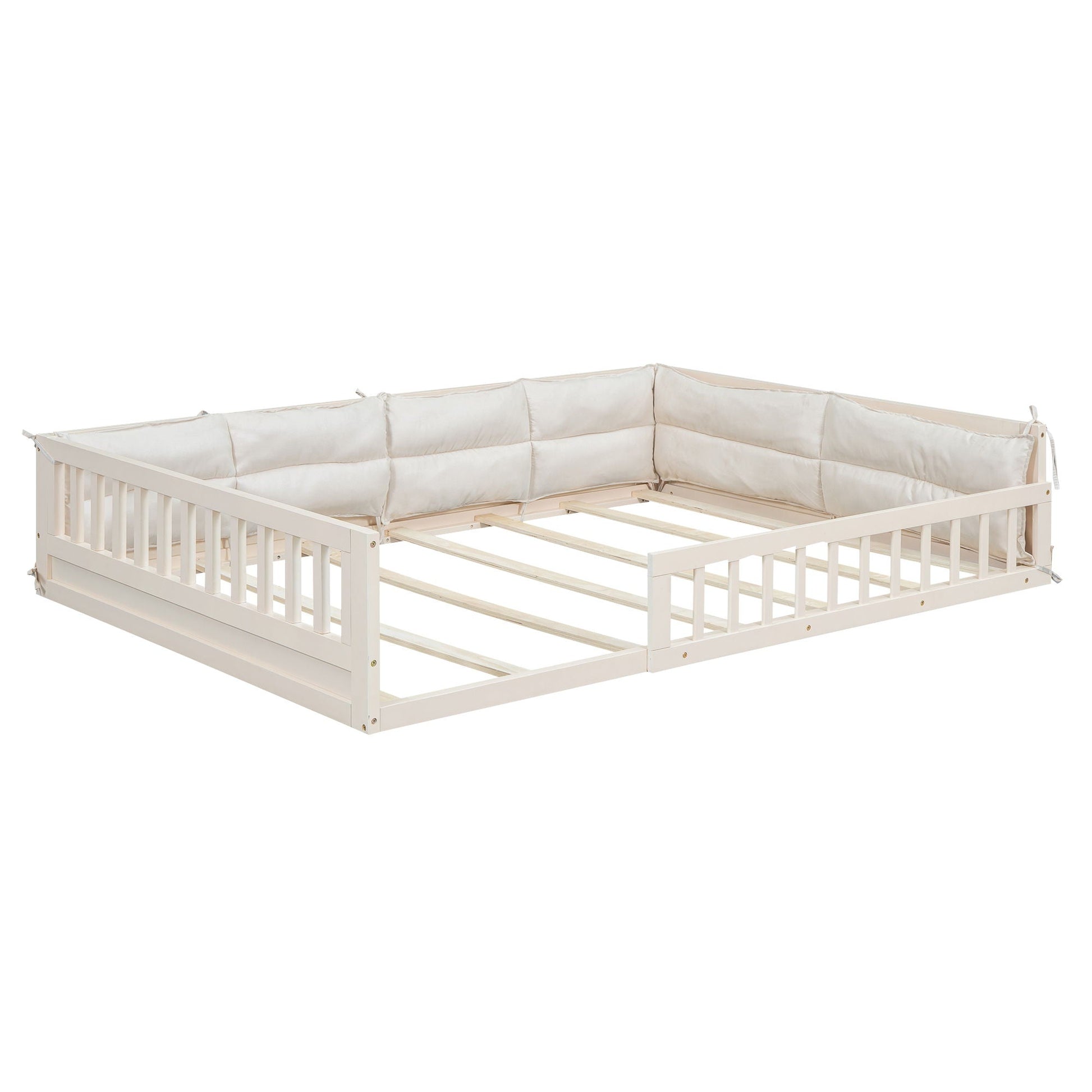 Upholstered Platform Bed With Guardrail And Pillow cream fabric over wood by HouseOfZazla on Tampa Home & Garden Store
