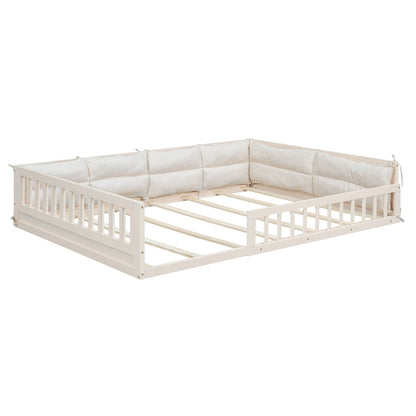 Upholstered Platform Bed With Guardrail And Pillow cream fabric over wood by HouseOfZazla on Tampa Home & Garden Store
