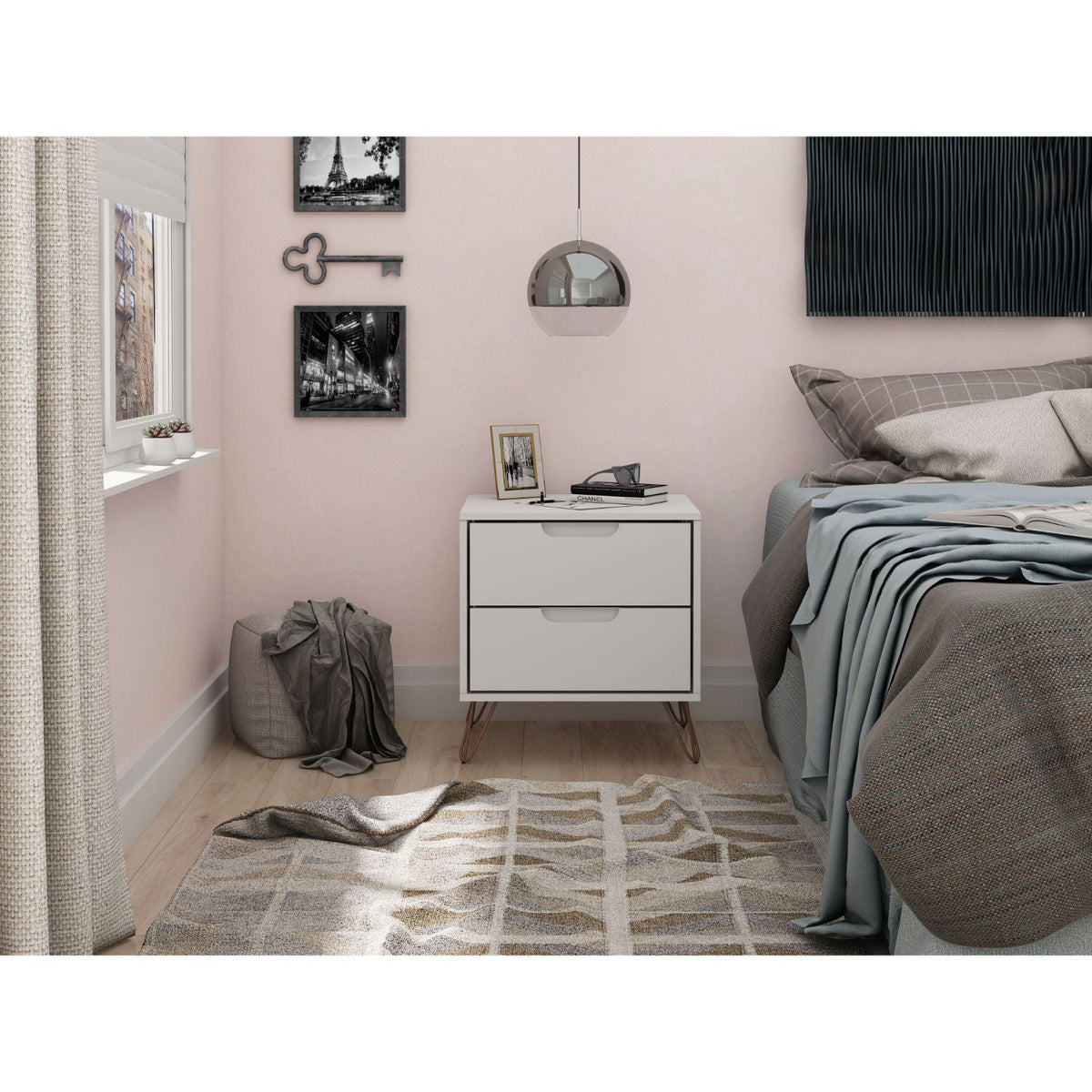 White two-drawer nightstand by HouseOfZazla, modern accent storage with copper hairpin legs on Tampa Home & Garden Store
