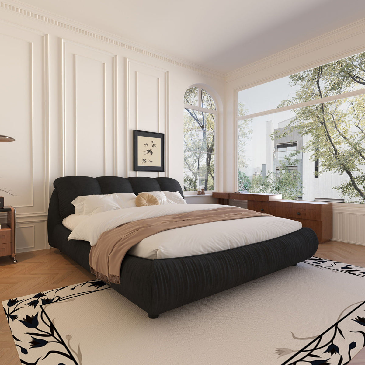 Upholstered platform bed with oversized padded backrest in black fabric, solid wood frame on Tampa Home & Garden Store