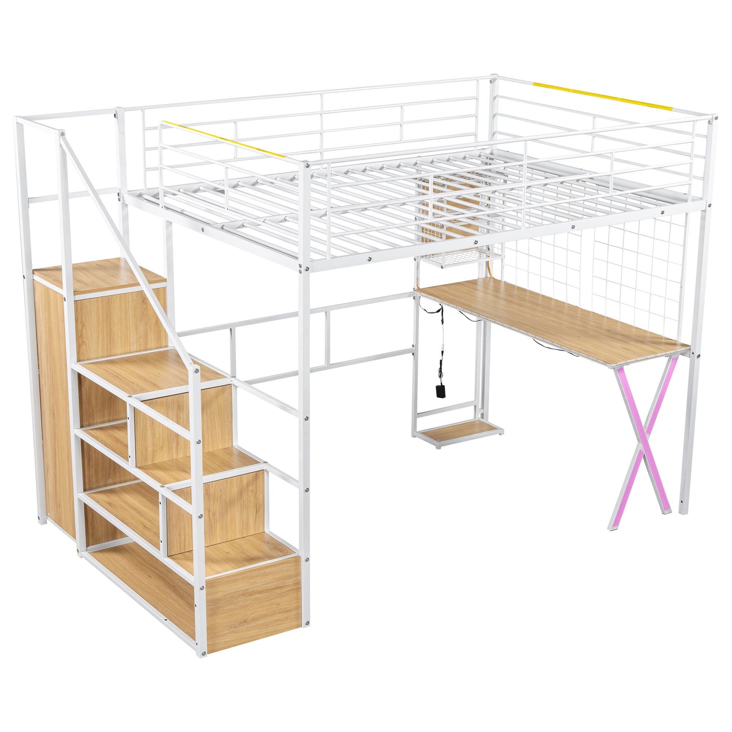 Loft bed with built-in work station, wardrobe and storage staircase in white metal by HouseOfZazla on Tampa Home & Garden Store