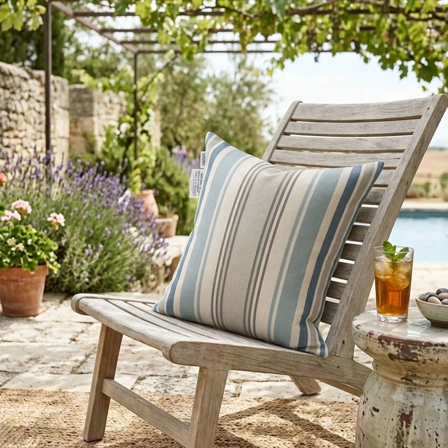 Outdoor Pillows set of 2 blue and white stripes on weathered chair Unique Piece Furniture on Tampa Home & Garden Store