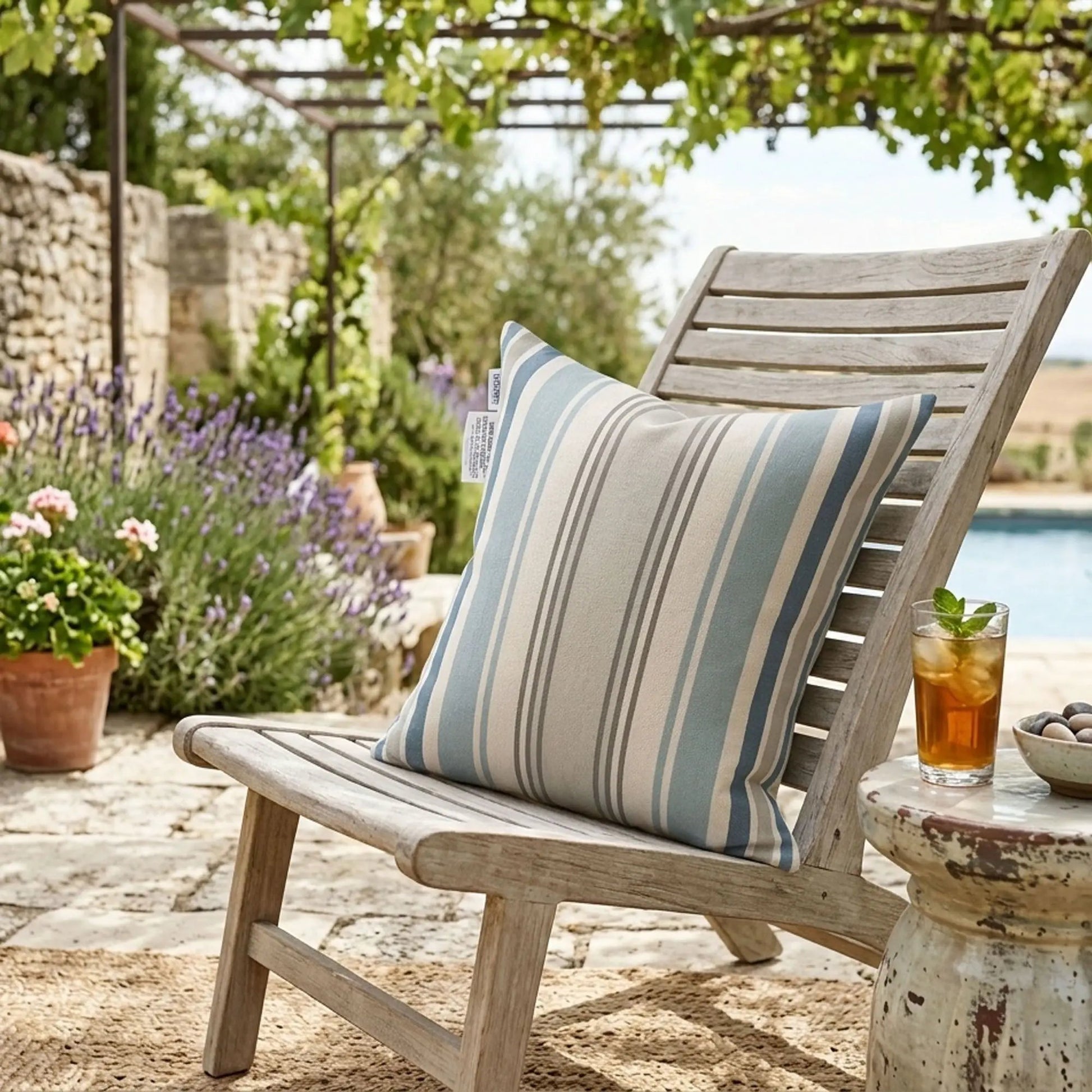 Outdoor Pillows set of 2 blue and white stripes on weathered chair Unique Piece Furniture on Tampa Home & Garden Store