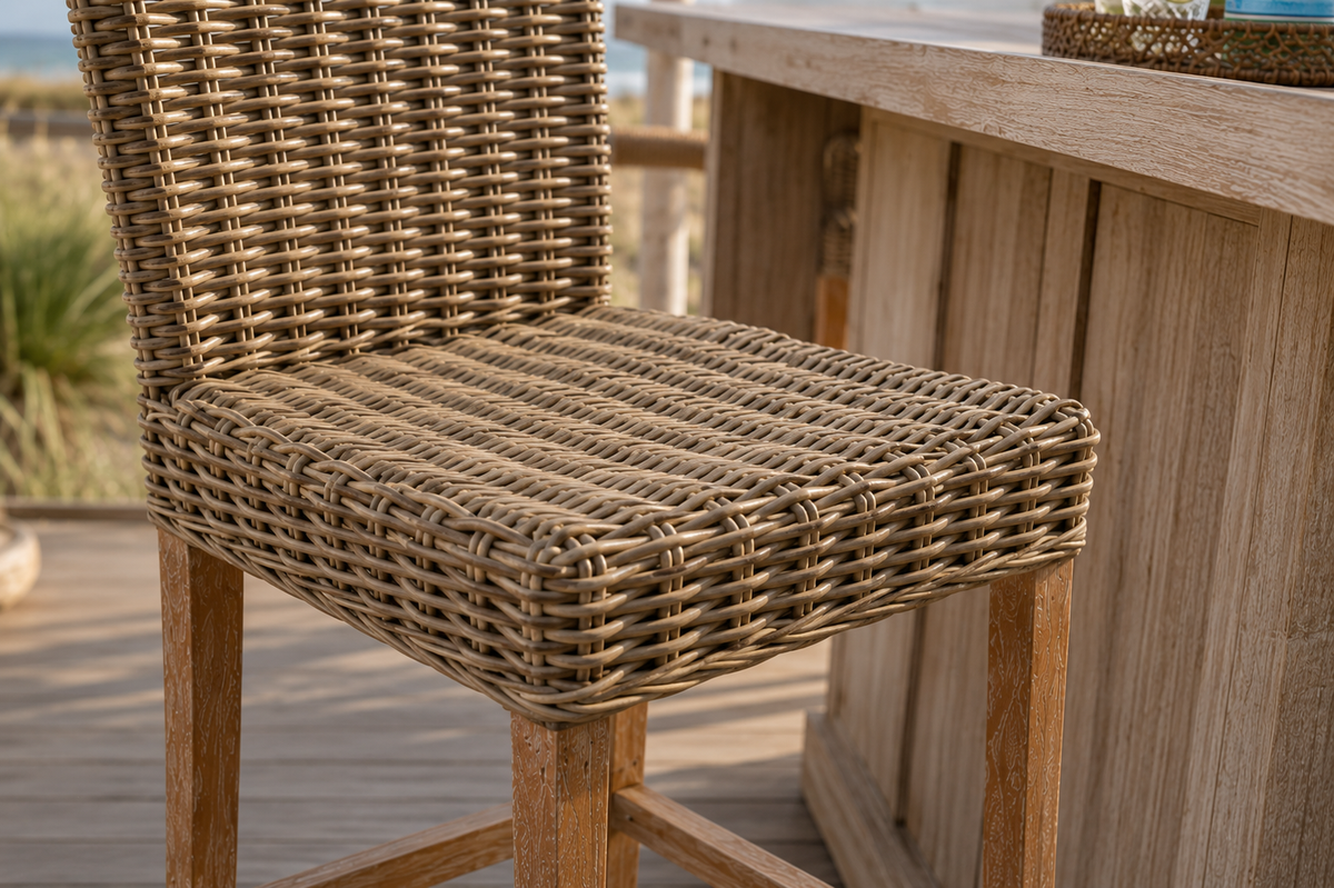 Key Largo Rattan Bar Stool with natural brown wicker and wood legs on Tampa Home & Garden Store