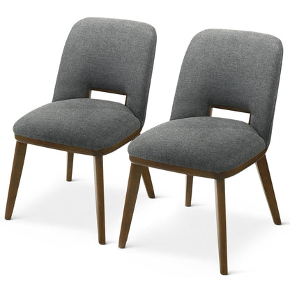 Set of 2 modern dining chairs with gray fabric upholstery and walnut bases on Tampa Home & Garden Store