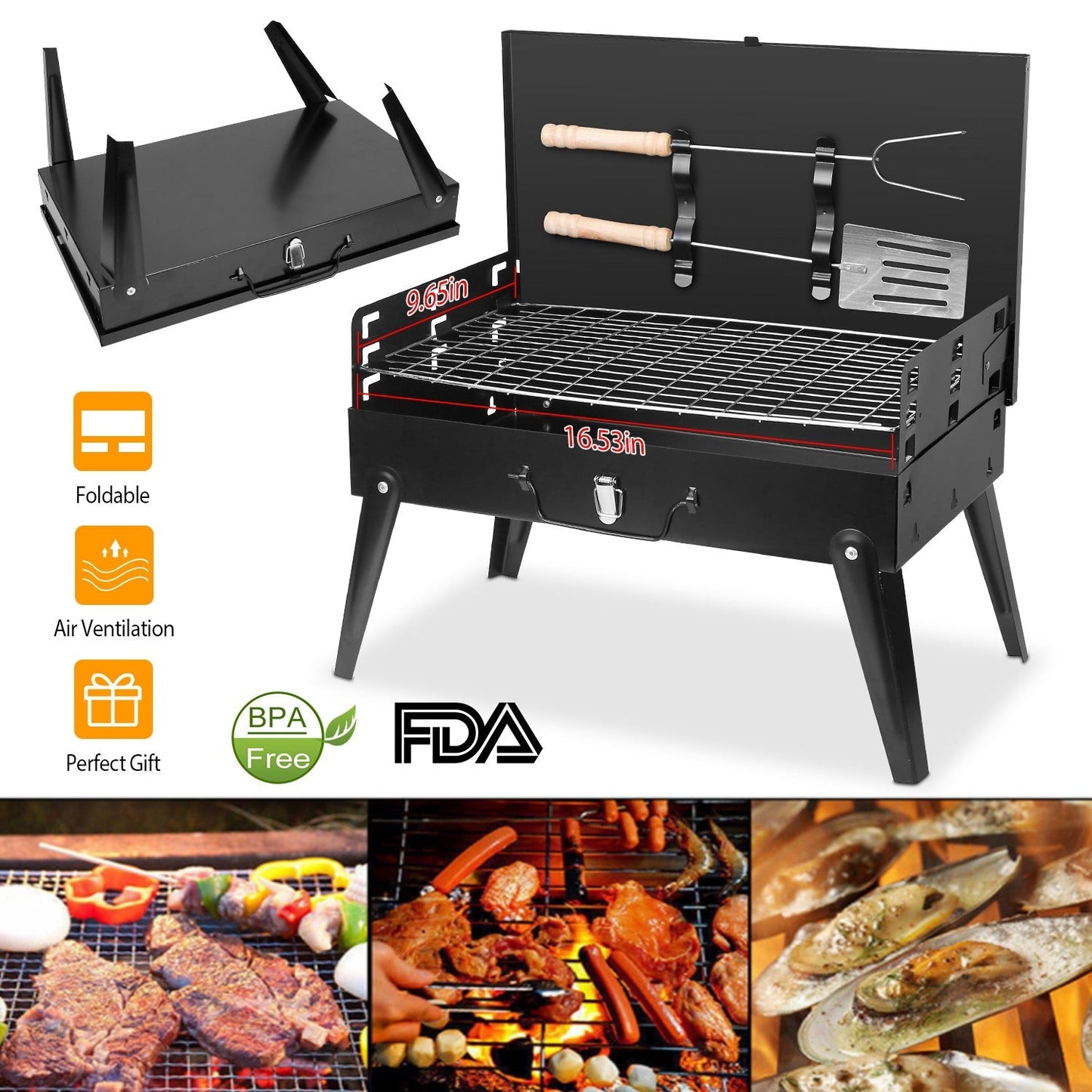 GemGear portable black charcoal grill foldable suitcase with lid, rack, and tool bar on Tampa Home & Garden Store