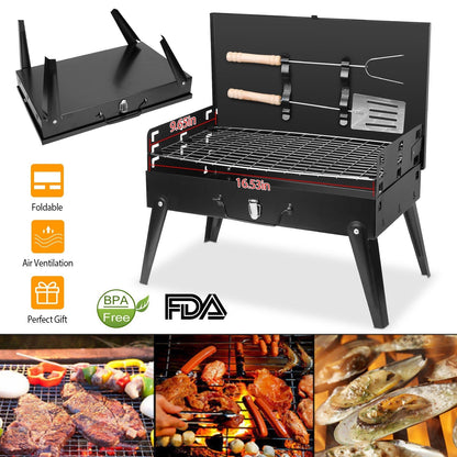 GemGear portable black charcoal grill foldable suitcase with lid, rack, and tool bar on Tampa Home & Garden Store