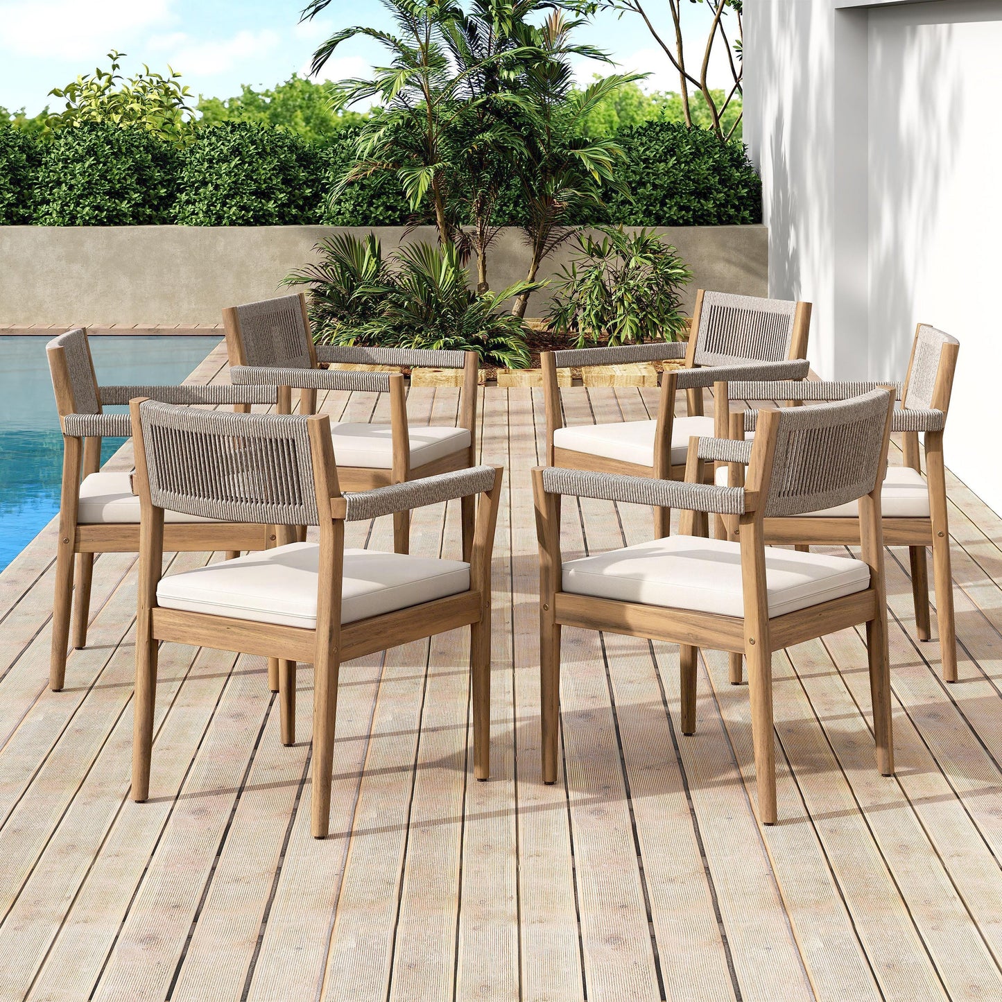Braided acacia wood outdoor dining chairs with teak-look finish and cream cushions on Tampa Home & Garden Store