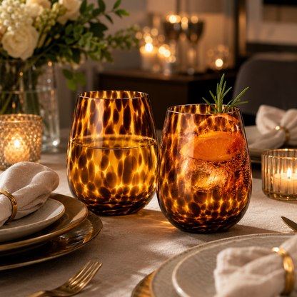 Leopard Amber Stemless Wine Glass Set of Two