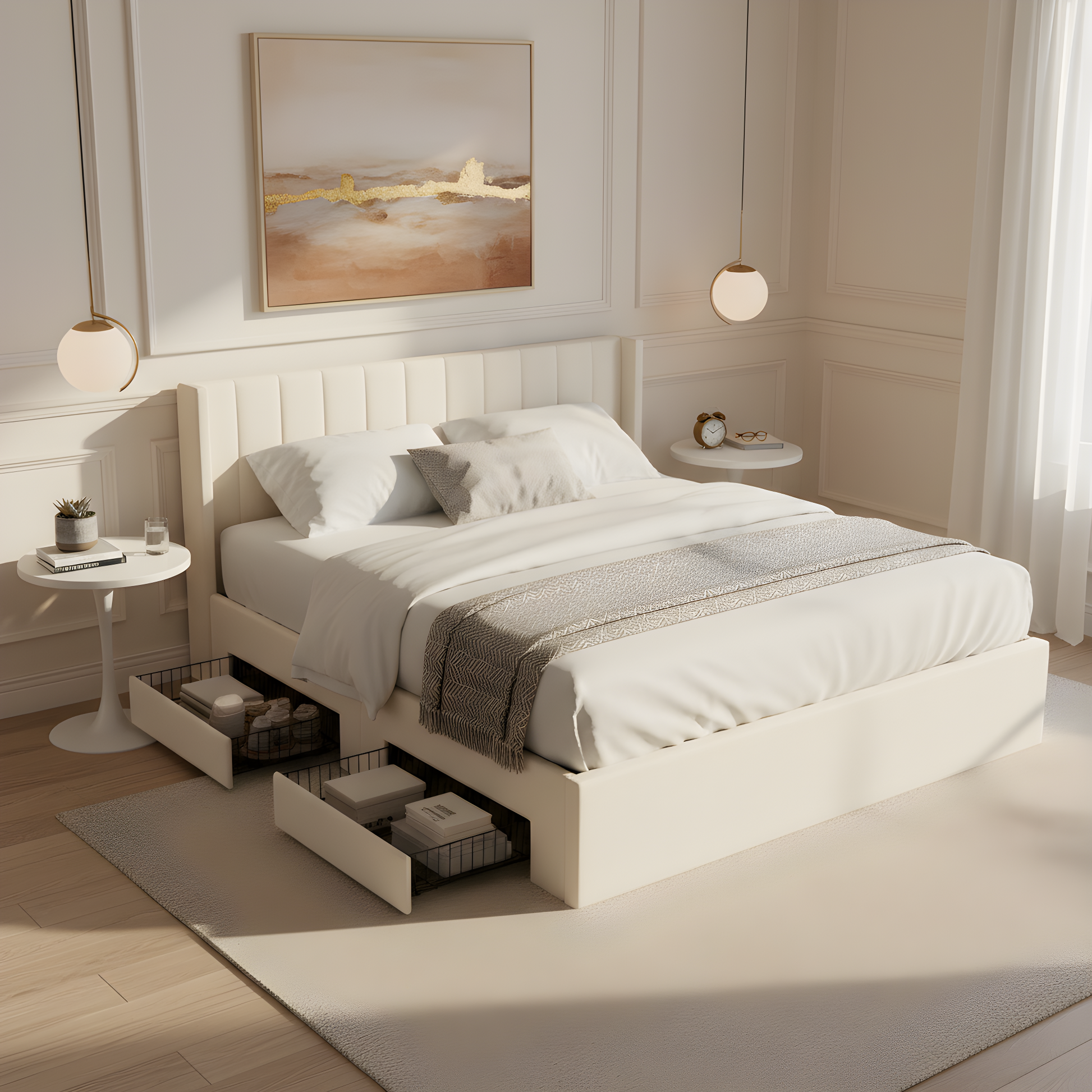 Large-Capacity Upholstered Bed with Drawers by HouseOfZazla, white frame on Tampa Home & Garden Store
