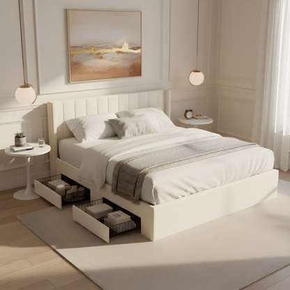 Large-Capacity Upholstered Bed with Drawers by HouseOfZazla, white frame on Tampa Home & Garden Store