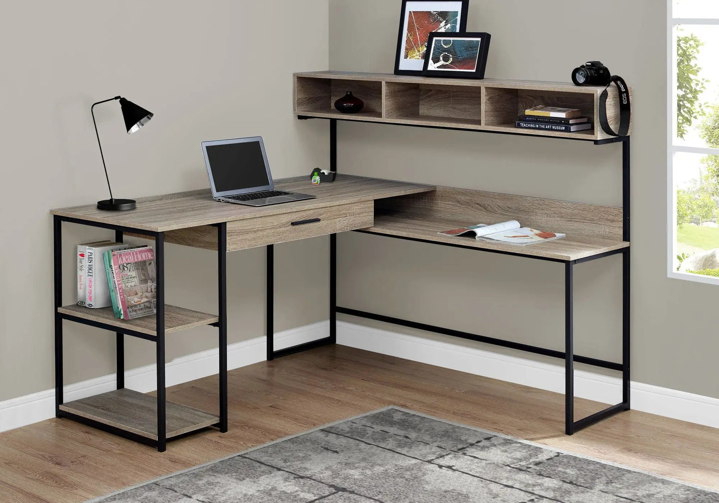Corner computer desk with wood veneer top, black metal frame, and built-in storage drawer on Tampa Home & Garden Store