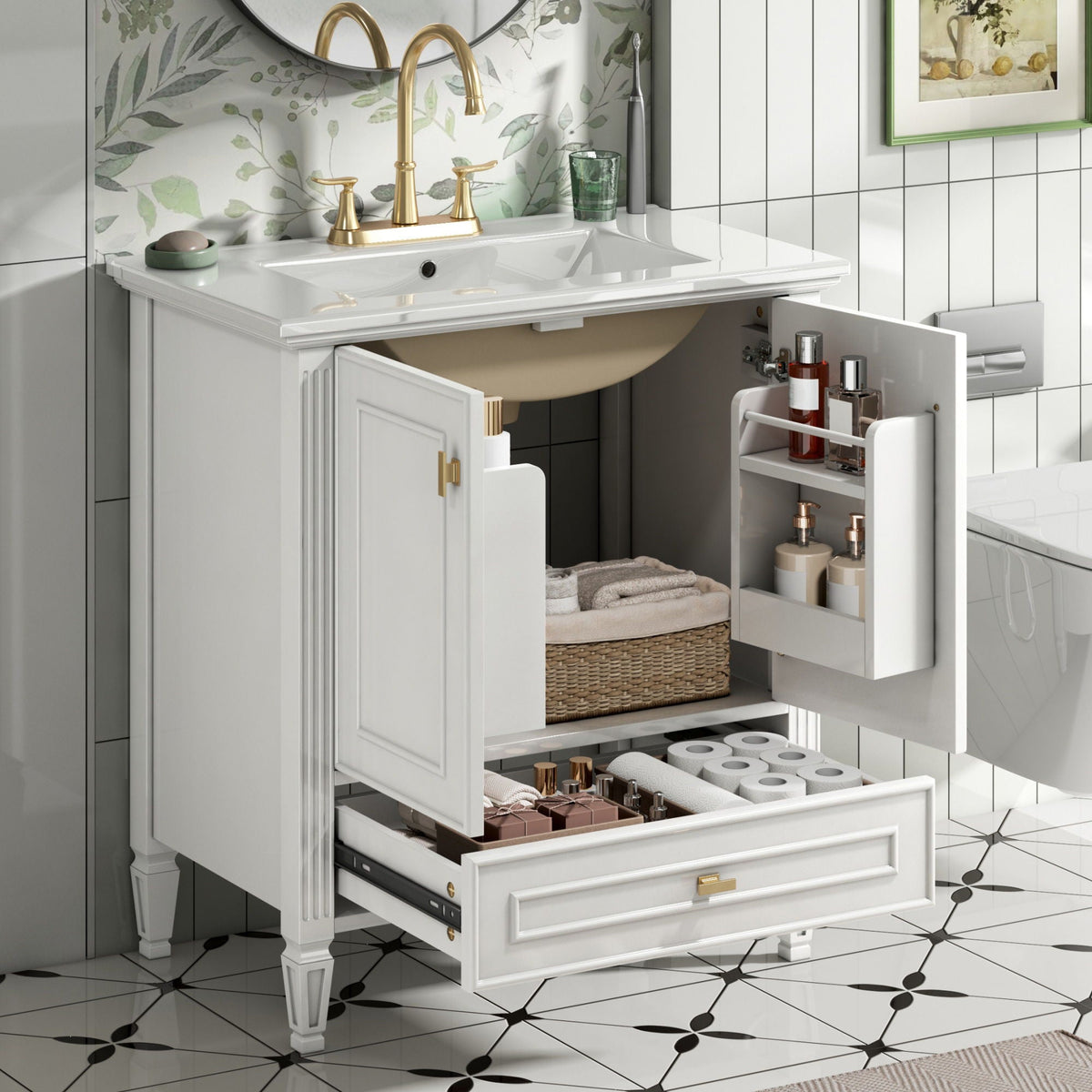 Freestanding vanity with drawer and soft-close doors, white finish, gold hardware, HouseOfZazla on Tampa Home & Garden Store