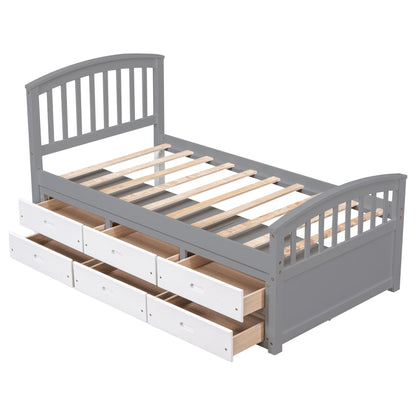 Platform storage bed in gray with curved headboard and six white drawers on Tampa Home & Garden Store