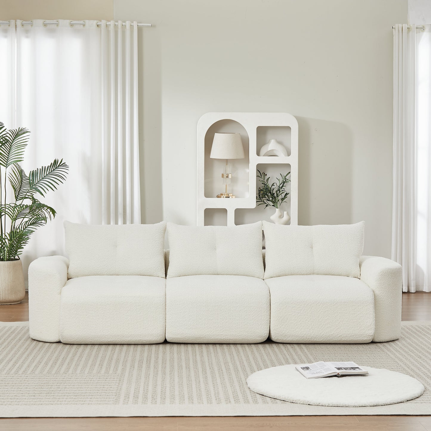 Chenille sofa 109in large modern 3-seater in creamy white upholstery on Tampa Home & Garden Store