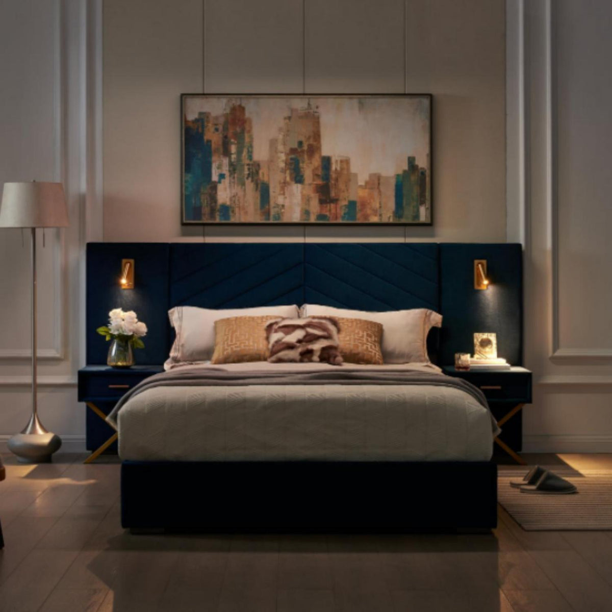 A Tufted Wingback Upholstered Bed With Sponge Pad
