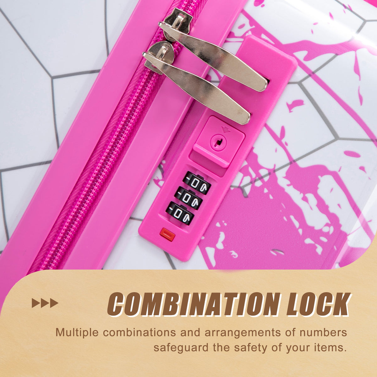 3-Piece Spinner Wheel Luggage Set in Pink, hard shell with combination locks and pink zippers on Tampa Home & Garden Store