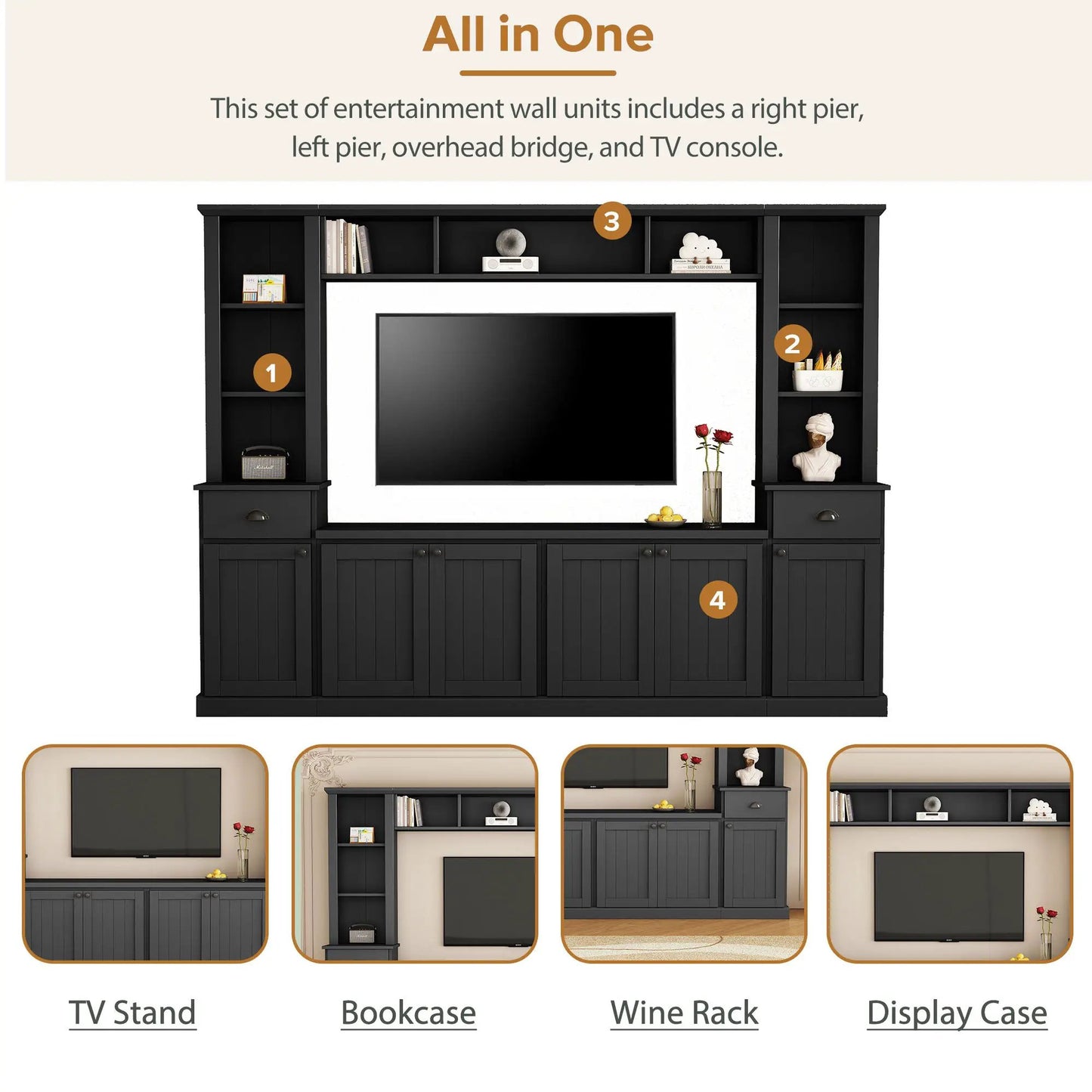 Black minimalist entertainment wall unit with bridge for 75 in TVs by Unique Piece Furniture on Tampa Home & Garden Store