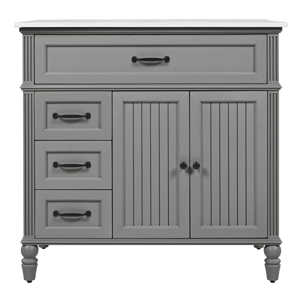 Bathroom vanity with sink and drawers, gray solid wood cabinet, white top, black hardware on Tampa Home & Garden Store