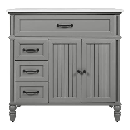 Bathroom vanity with sink and drawers, gray solid wood cabinet, white top, black hardware on Tampa Home & Garden Store