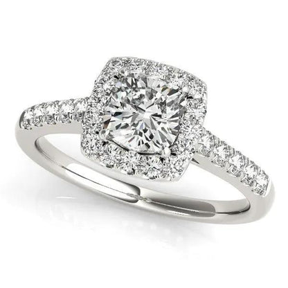 14k white gold square halo engagement ring with round center diamond and pave band on Tampa Home & Garden Store