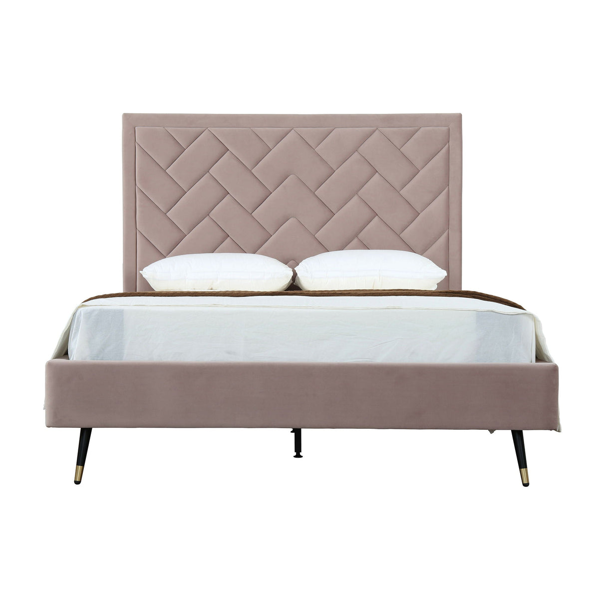 Crosby upholstered bed with rose-taupe tufted headboard and slats on Tampa Home & Garden Store