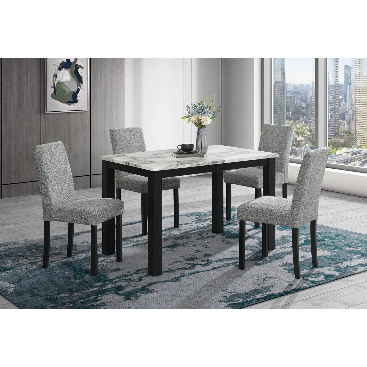 5-piece Sarang dining set with marble tabletop, black legs, and gray upholstered chairs on Tampa Home & Garden Store