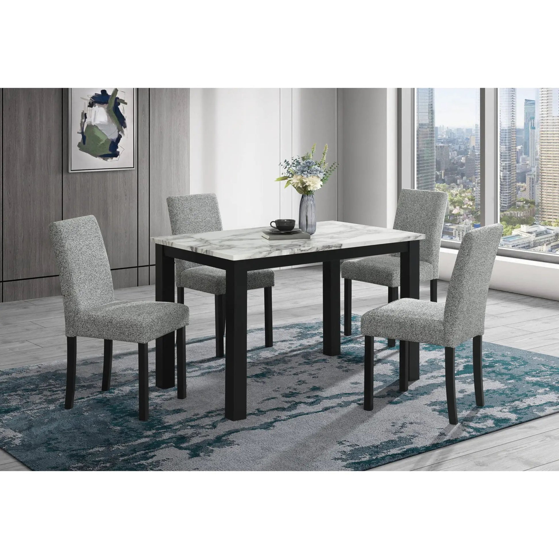 5-piece Sarang dining set with marble tabletop, black legs, and gray upholstered chairs on Tampa Home & Garden Store